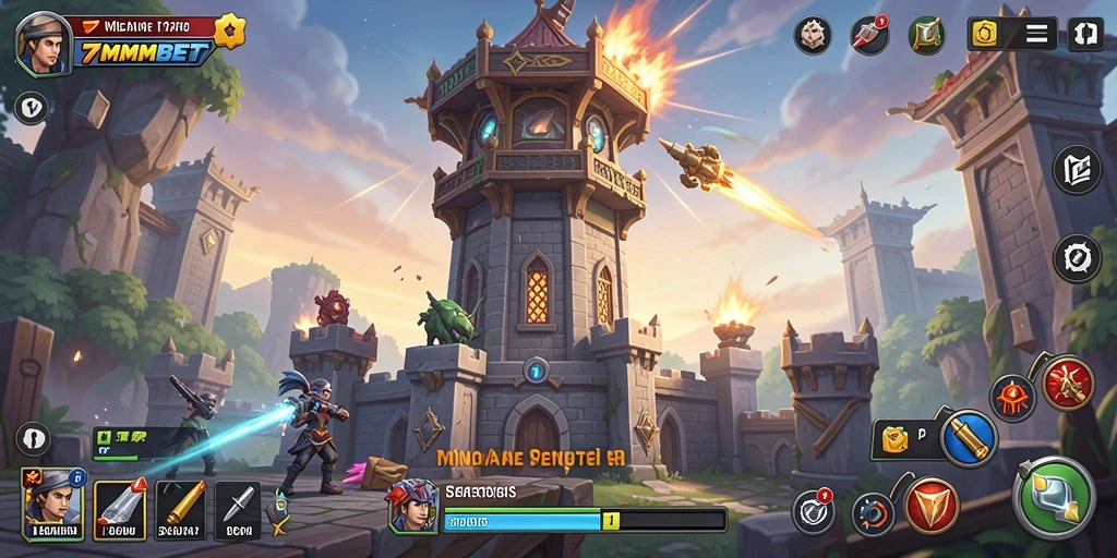 Screenshot gameplay 7MMBET yang menunjukkan pertahanan menara yang strategis.