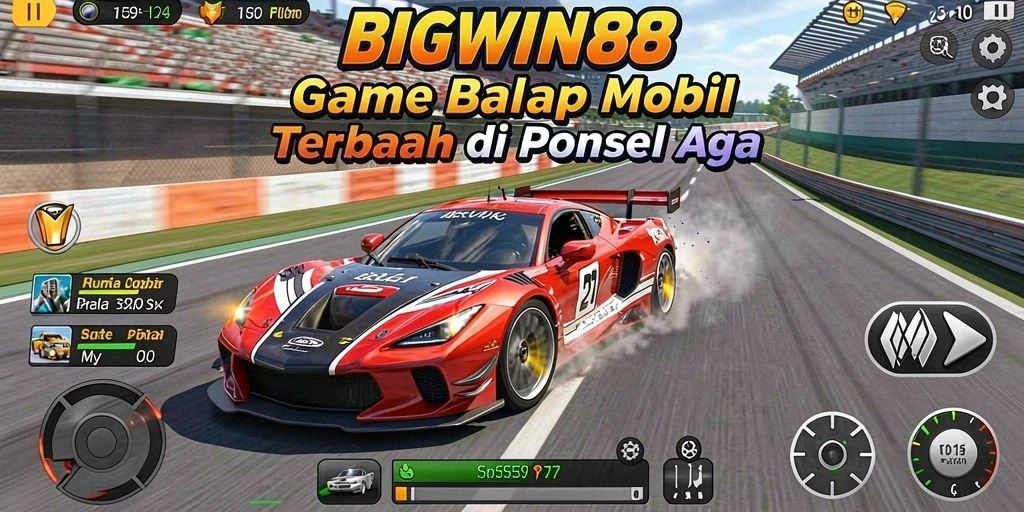 Screenshot gameplay BIGWIN88 menampilkan mobil balap melaju kencang di trek balapan.