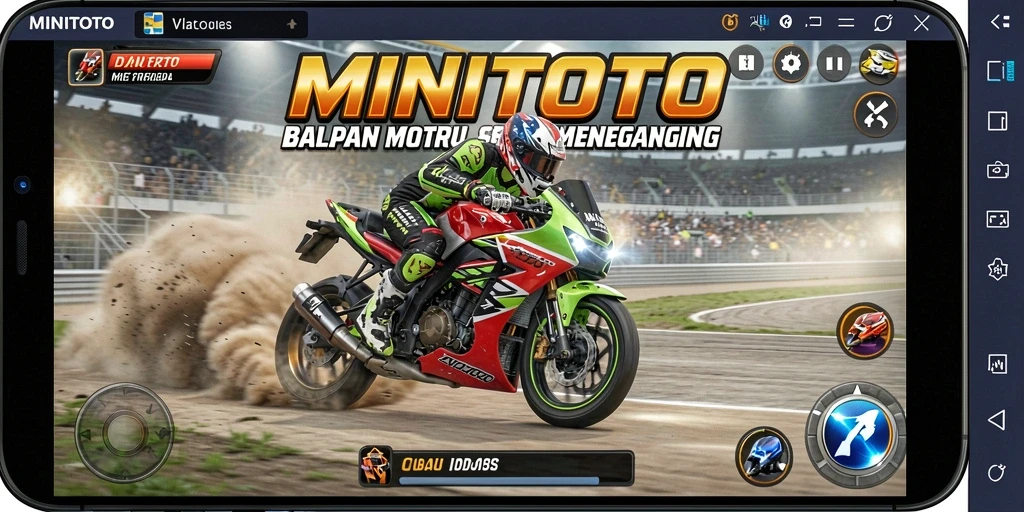 Screenshot gameplay MINITOTO menunjukkan aksi balapan motor yang mendebarkan.