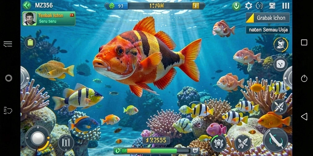 Gameplay MZ356 yang seru dengan berbagai ikan menunggu untuk ditangkap.