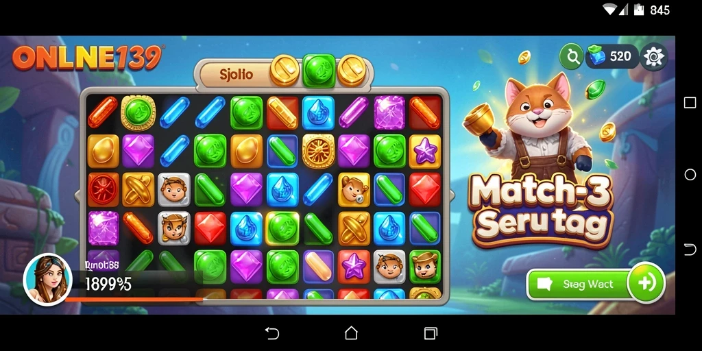 Tampilan gameplay seru dari ONLINE138 dengan grafik Match-3 yang menarik.
