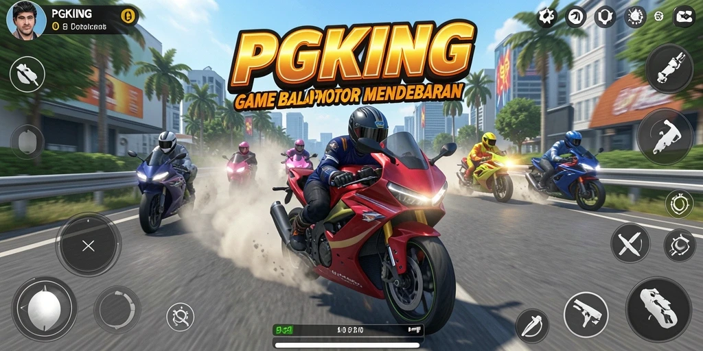 Tampilan gameplay PGKING yang menegangkan dengan motor balap.