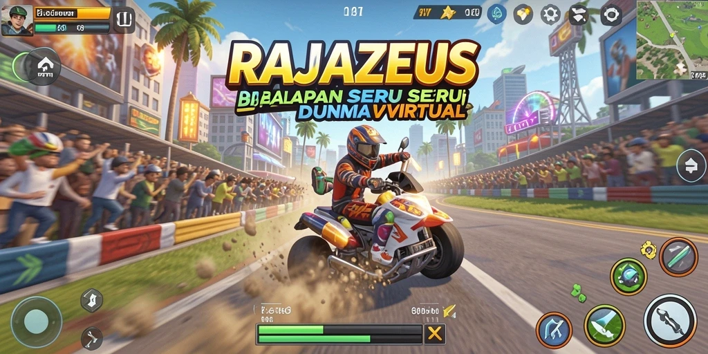 Tampilan screenshot utama RAJAZEUS menampilkan aksi balapan yang mendebarkan.