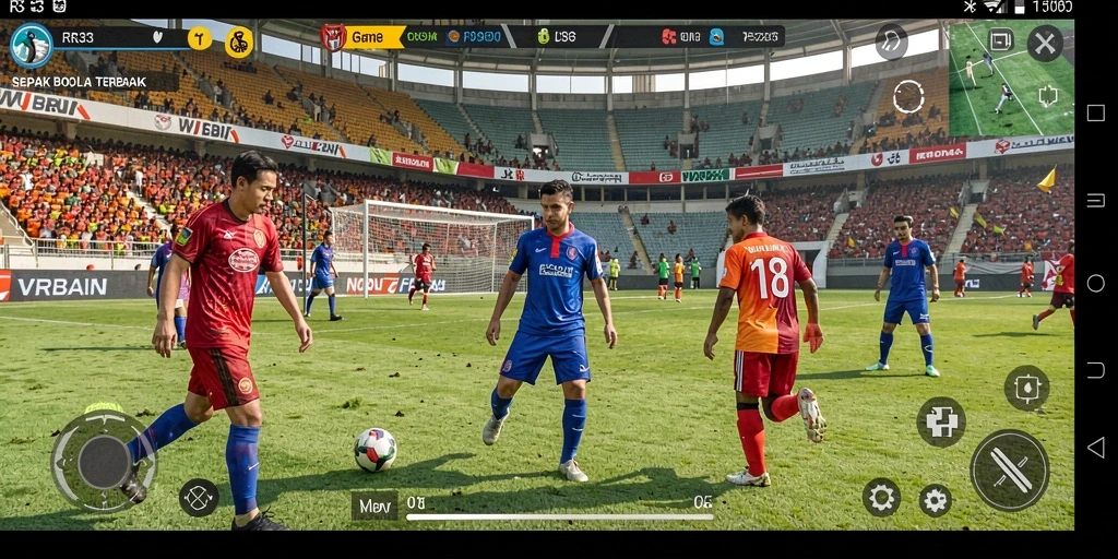 Screenshot gameplay RR33 menampilkan aksi pertandingan sepak bola yang mendebarkan.