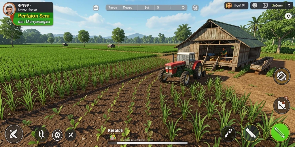 Tampilan gameplay RR999 yang menampilkan kebun yang subur dan tanaman yang tumbuh.