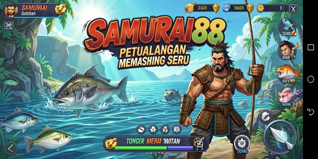 Screenshot gameplay SAMURAI88 yang menampilkan suasana memancing yang seru.