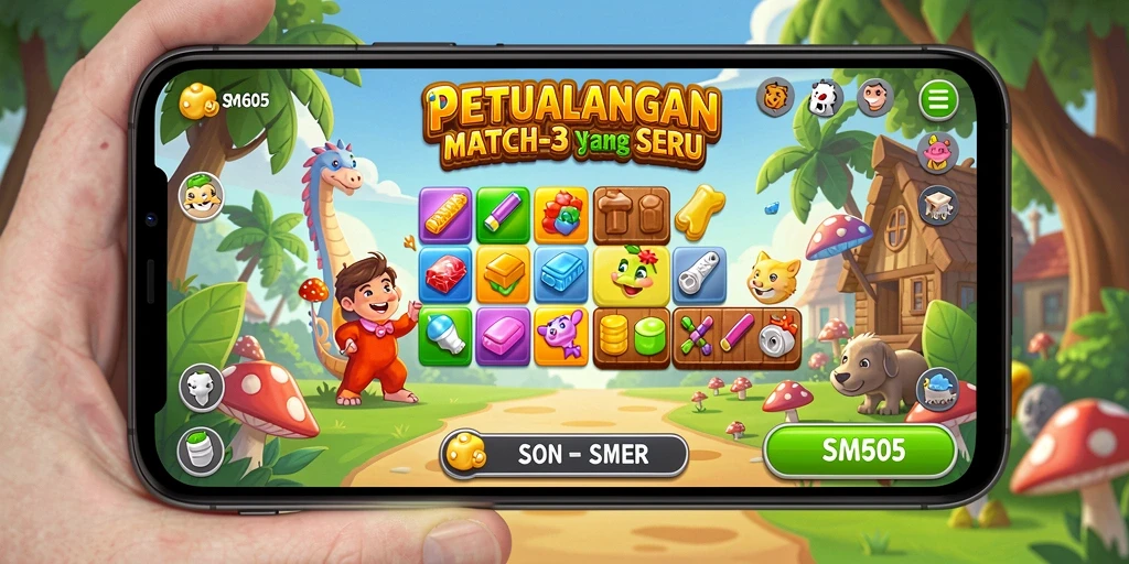 Screenshot menunjukkan gameplay seru dalam SM605 yang menampilkan kombinasi Match-3.